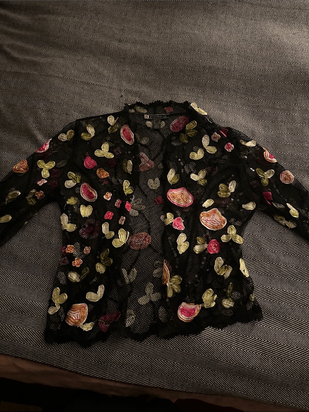 JS Collections Black Sheer Embroidered Floral Jacket with Pink and Green Accents